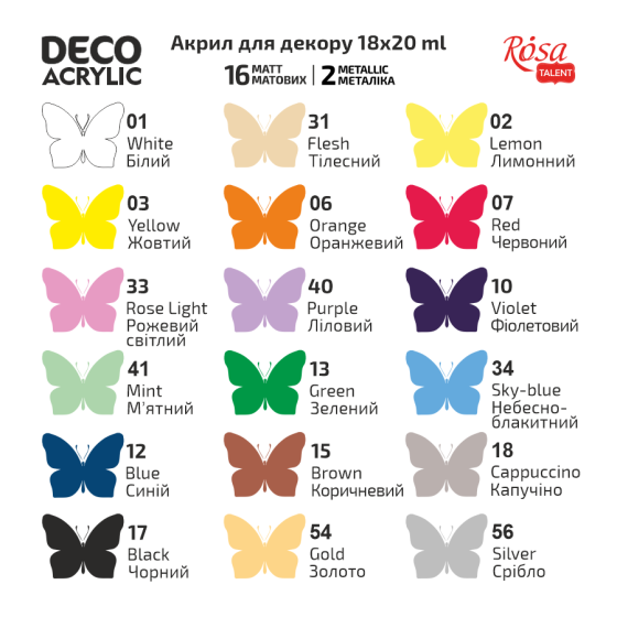 Набор акриловых красок для декора матовые и металлики 18×20 мл ROSA Talent Киев