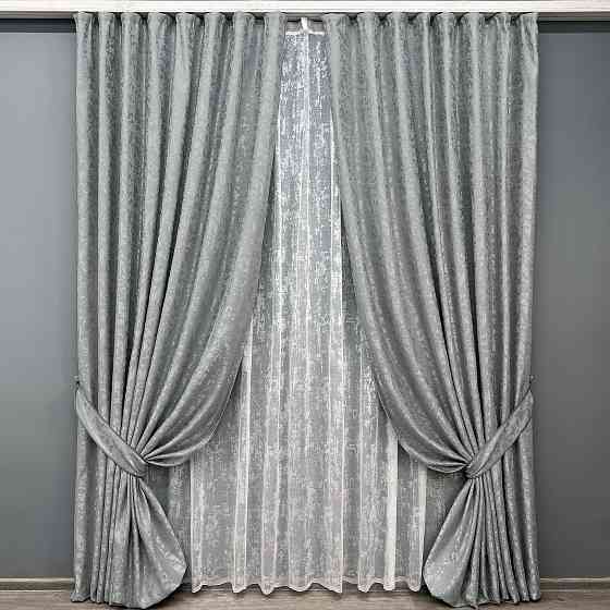 Комплект штор VR-Textil Льон Мармур 150х270 2шт і Тюль 400х270 1911ш-1400т Світло-сірий з білим 71-139/3 Київ