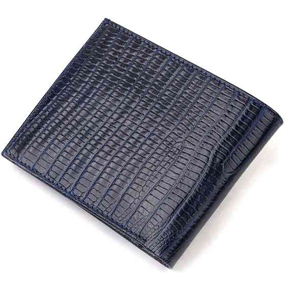 Фактурный стильный кошелек для мужчин без застежки горизонтального формата из натуральной кожи с тиснением Синий (CANPELLINI) Киев