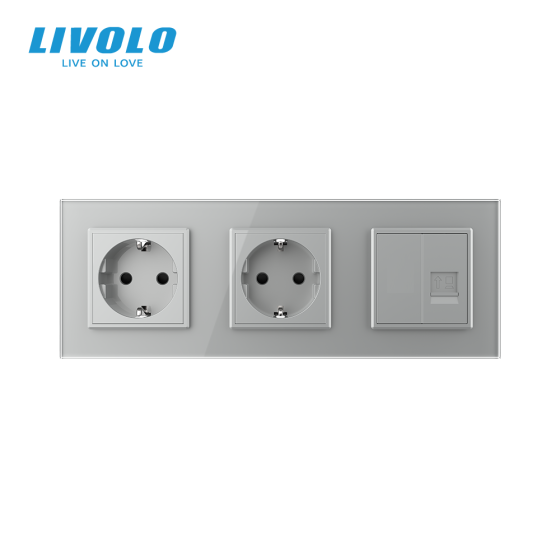 LIVOLO Розетка тримісна комбінована Силова Інтернет Livolo сірий скло (VL-C7C2EU1CK0-15) Коломия