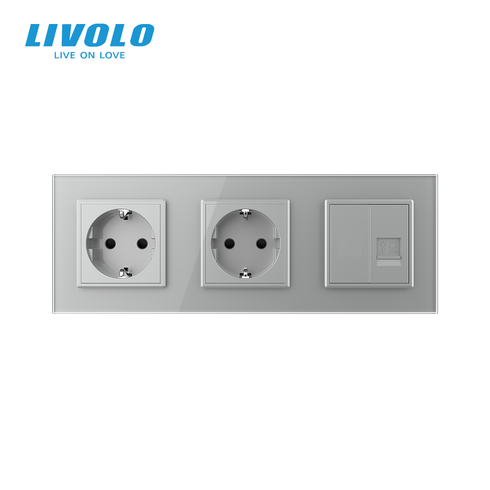 LIVOLO Розетка тримісна комбінована Силова Інтернет Livolo сірий скло (VL-C7C2EU1CK0-15) Коломия - фото 4