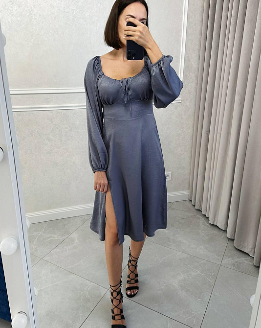 Жіноче святкове плаття з розрізом турецький жатий шовк Сталевий, 52/54 Одеса - фото 1