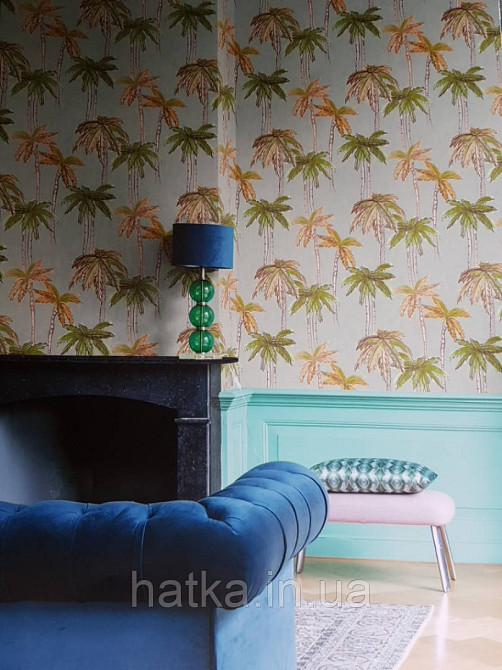 Шпалери вінілові Decoprint Breeze 0.53х10 м акварель дерева пальми яскраві зелені коричневі на блакитному Київ - фото 1