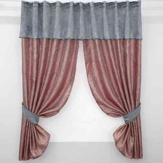 Кухонные шторы VR-Textil № 073к с ламбрекеном и подхватами розово-золотистый с серым 275х170 см (52-0364) Киев