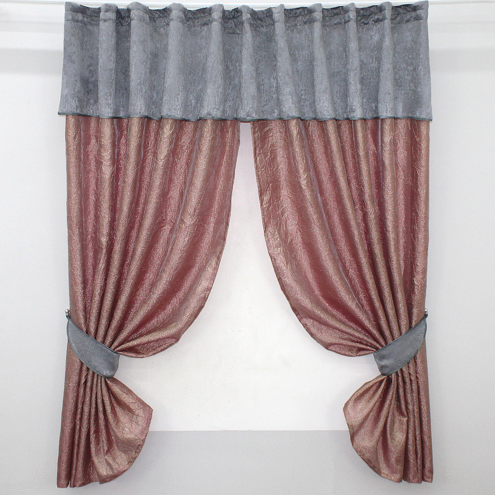 Кухонные шторы VR-Textil № 073к с ламбрекеном и подхватами розово-золотистый с серым 275х170 см (52-0364) Киев - изображение 1