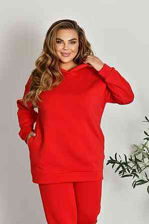 Женский прогулочный костюм: худи и штаны батал в спортивном стиле трехнитка на флисе Красный, 56/58 Одесса