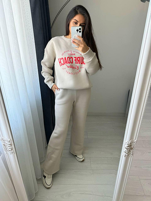 Жіночий теплий оверсайз костюм-двійка: кофта та штани турецька тринитка пеньє на флісі Молочний, 42/46 Одеса - фото 4