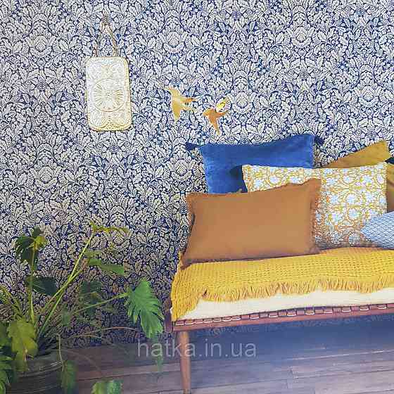 Шпалери вінілові на флізелін Caselio Mystery 0.53х10 м яскраві листя дубок золотисті на темно синьому Київ