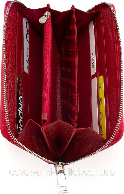 Шкіряний жіночий гаманець клатч червоного кольору на блискавці з ремінцем Marco Coverna MC 7003-2 Київ - фото 12