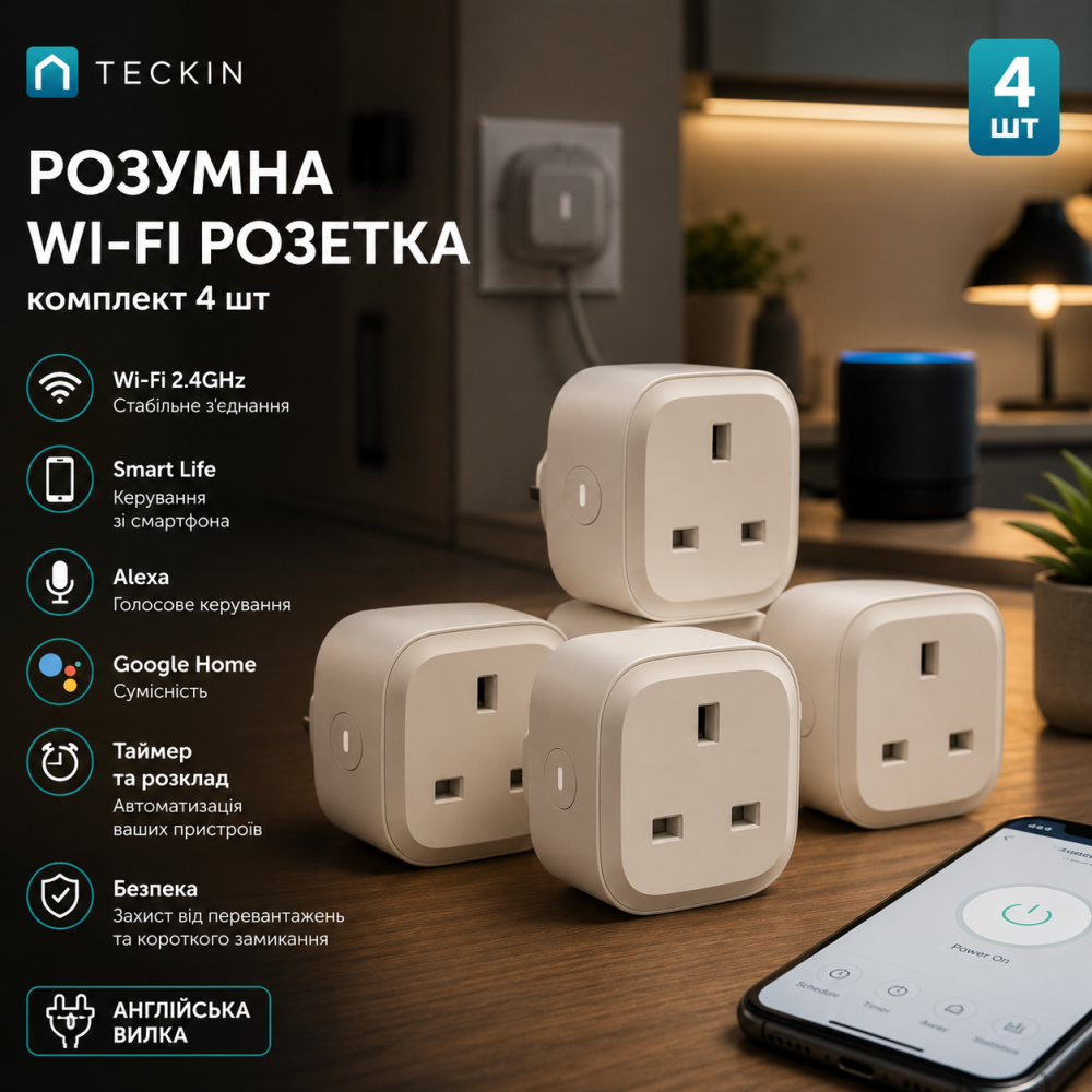 Смарт-розетка TECKIN SPN23 Wi-Fi 2.4GHz комплект 4 шт, Smart Life, Alexa, Google Home, таймер, англійська вилка Київ - фото 9