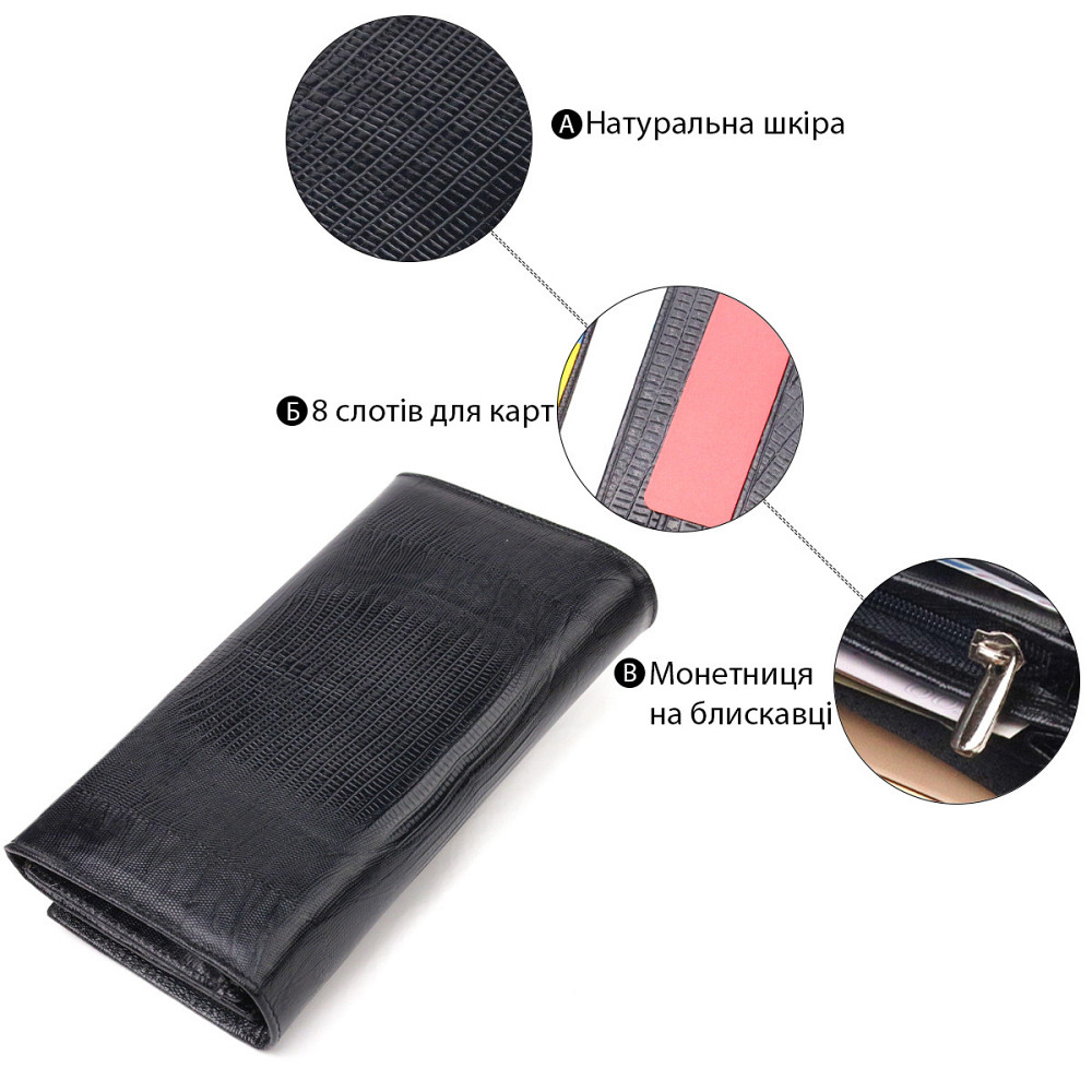 Привабливий жіночий гаманець із монетницею з натуральної фактурної шкіри CANPELLINI 21527 Чорний Київ - фото 7