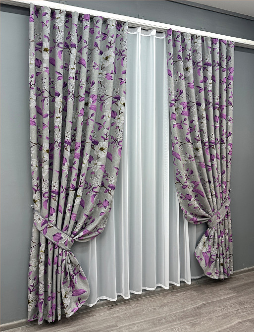 Комплект готовых штор VR-Textil Лен с цветочным принтом «Прованс» № 1820 Серый с фиолетовым 200х265 см 2 шт (32-141) Киев - изображение 3