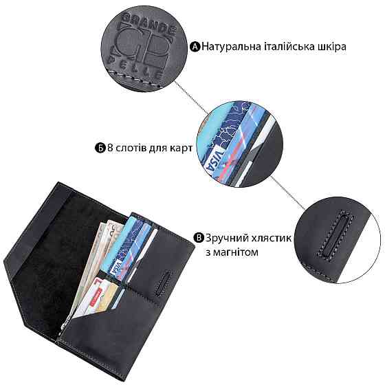 Кожаный клатч унисекс на магните GRANDE PELLE 11214 Черный Киев