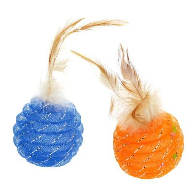 Іграшка для котів Hippie Pet М&apos;ячики з пір&apos;ям, синій і помаранчевий 5 см 2 шт (HIPCT18118MO) Вінниця - фото 1