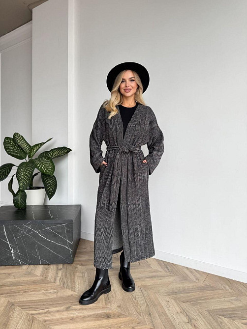 Жіночий довгий кардиган із поясом і кишенями. Чорно-білий, 42/44 Одеса - фото 3