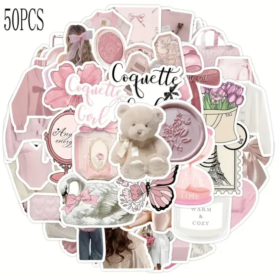 Набор стикеров Эстетичные розовые 50 шт – виниловые наклейки для девушек, ноутбука и ежедневника Киев
