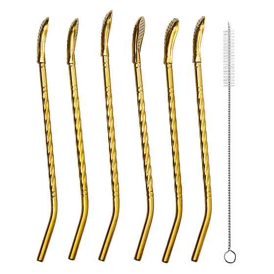 Многоразові ложки-трубочки 6 шт з щіткою, 19.5 см, золотисті Київ