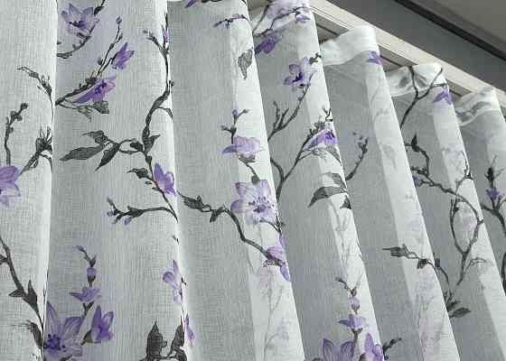 Тюль батист "Flora" колір білий з фіолетово-чорним принтом 1910т Київ