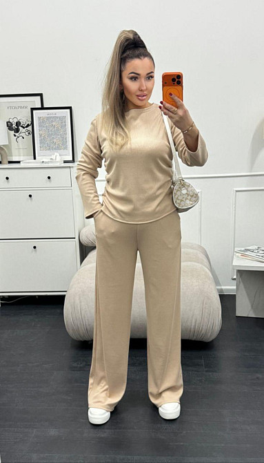 Жіночий базовий костюм-двійка: лонгслів і штани трикотажний рубчик Кремовий, 50/52 Одеса - фото 6