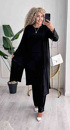 Женский базовый прогулочный костюм тройка: кардиган футболка и штаны трикотажный рубчик Черный, 42/44 Одесса