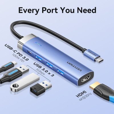 Концентратор Vention USB 3.1 Type-C to HDMI/USB 3.0x3/PD 100W Blue Aluminum Alloy Hub 5-in-1 (TGESB) Винница - изображение 10