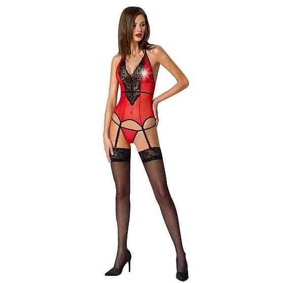 Корсет з пажами для панчіх Passion PEONIA CORSET S/M red, стрінги Sex Aura Київ