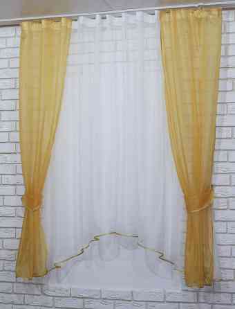 Кухонний комплект VR-Textil № 051к тюль і шторки з підв'язками золотистий з білим 280х170 см (50-039) Київ