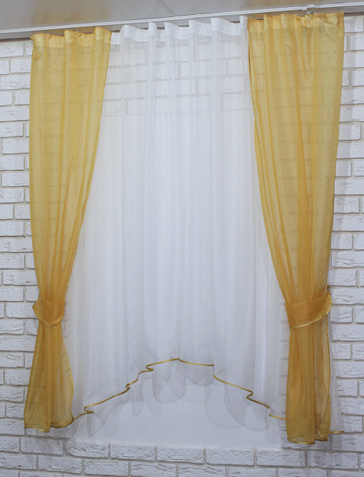 Кухонний комплект VR-Textil № 051к тюль і шторки з підв'язками золотистий з білим 280х170 см (50-039) Київ - фото 2