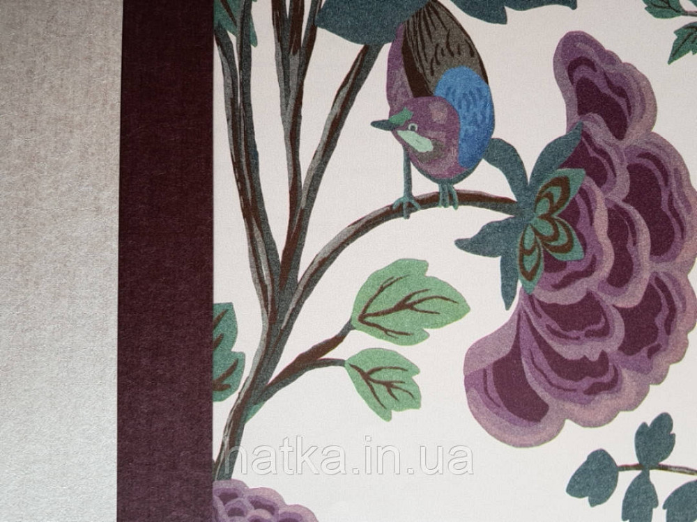 Шпалери флізелінові Decoprint 0.53х10 екологічно чисті Daimon квіти листя птаха рожеві сині на світло-рожевому Київ - фото 2