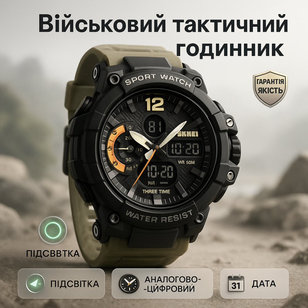 Военные часы с подсветкой SKMEI 1343KH KHAKI, Часы наручные электронные для парней SG-80 Львов - изображение 17