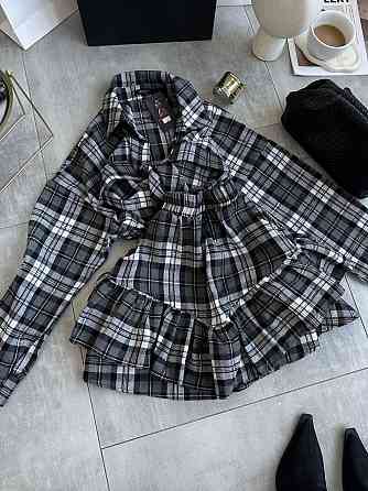 Женский костюм двойка: рубашка и юбка в клетку фланель Черный 2 Одесса