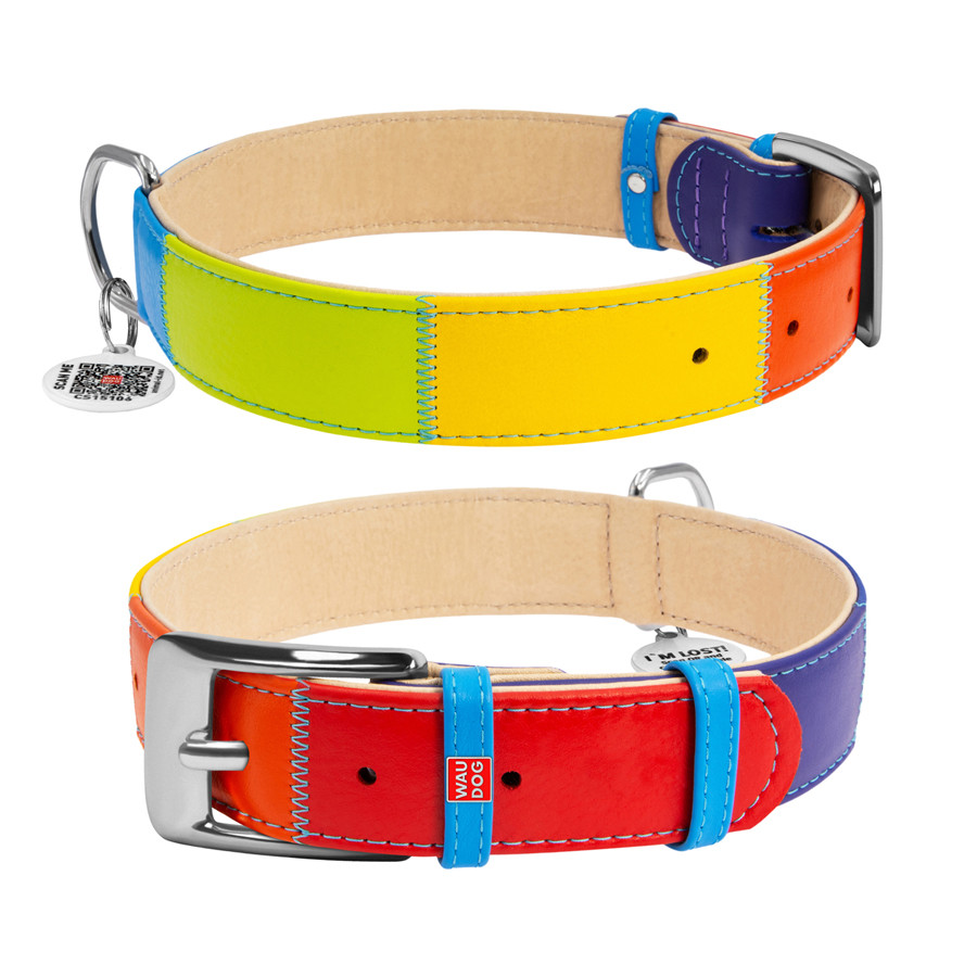 Нашийник для собак шкіряний WAUDOG Glamour з QR паспортом, "Веселка", L, Ш 25 мм, Дов 38-49 см Коломыя - изображение 1