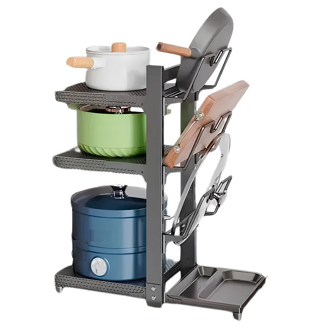 Полиця-підставка для каструль на 3 полиці двостороння з 3 тримачами для кришок з вуглецевої сталі, сіра Кам'янець-Подільський - фото 2