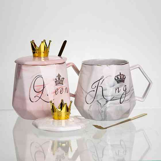 Набір парних порцелянових чашок Queen&King 2 (шт) по 400 (мл) чашки на подарунок із кришкою та ложкою FM-30 Коломия