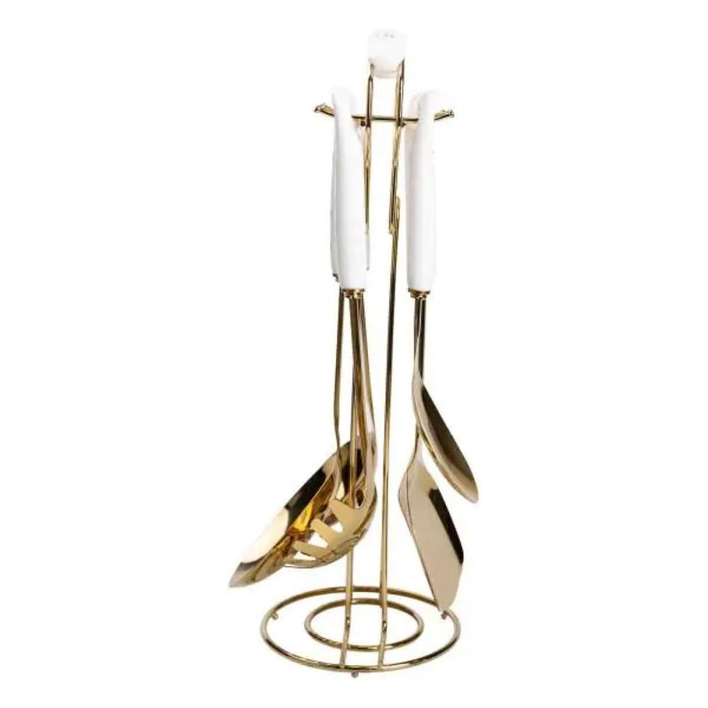 Набір кухонного приладдя 7 предметів на підставці столові прилади з нержавіючої сталі Золото з білим HP-20-7 Коломия - фото 5