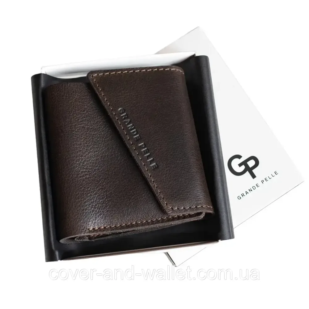 Компактный коричневый кошелёк в три сложении из итальянской кожи на магните Grande Pelle 910420 Киев - изображение 7
