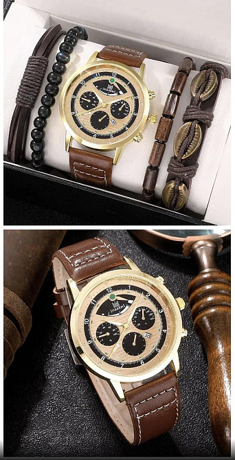 Подарочный набор для мужчин: наручные часы с 4 браслетами- диам 4,4см, длин 26см, шир рем 2,2см, без коробки Киев - изображение 7