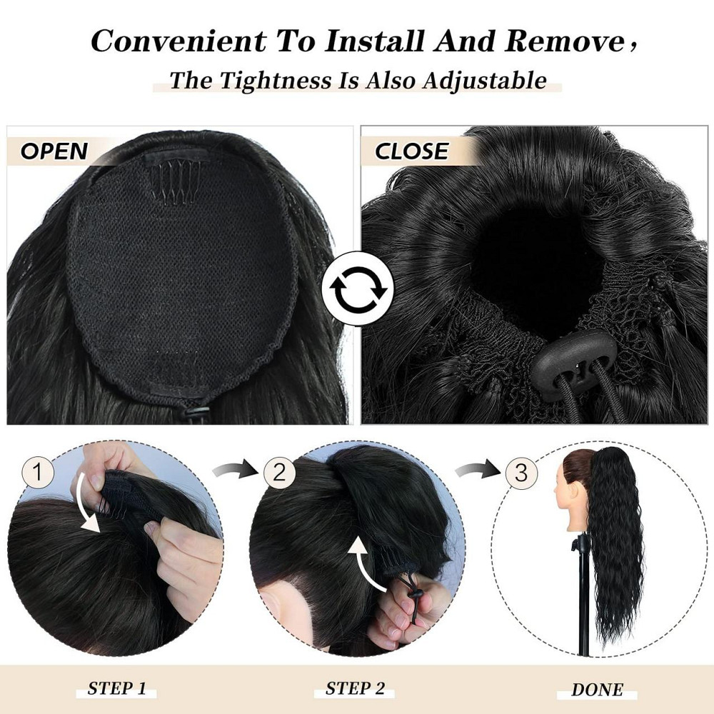 Хвіст накладний довгий кучерявий каштановий, шиньйон на шнурку хвилястий, термостійке коричневе волосся для швидкого нарощування Київ - фото 4