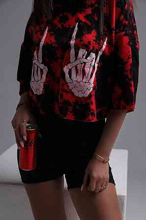 Жіночий стильний літній костюм-двійка: топ tie dye + комбез двонитка + мікродайвінг Чорний, 46/48 Одеса