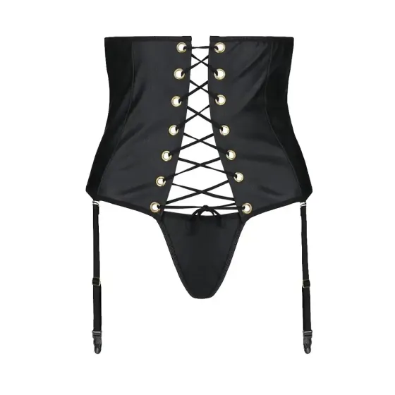 Пояс-корсет з екошкіри Passion CELINE SET with Open Bra 4XL/5XL, black, шнурівка, пажі, стрінги Львів