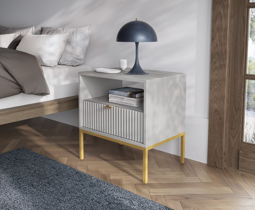 Тумба прикроватная Perfect Home Новая/Nova с 1 ящиком и золотыми ножками S54 Серый (PFH-091257) Днепр - изображение 1