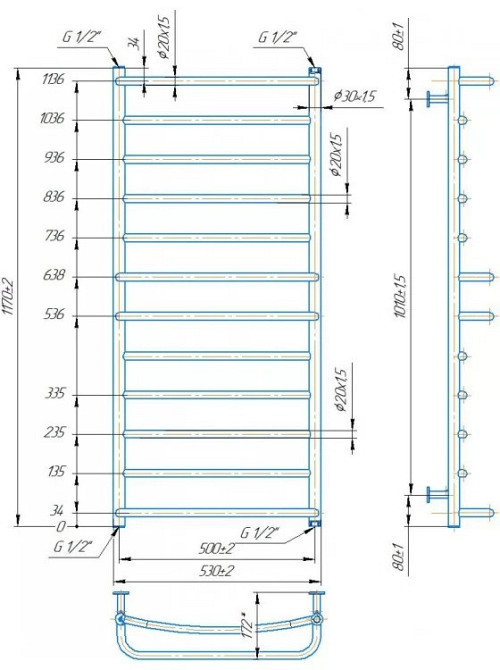 Водяной полотенцесушитель Mario INOX Люкс 1170х530/500 Киев - изображение 4