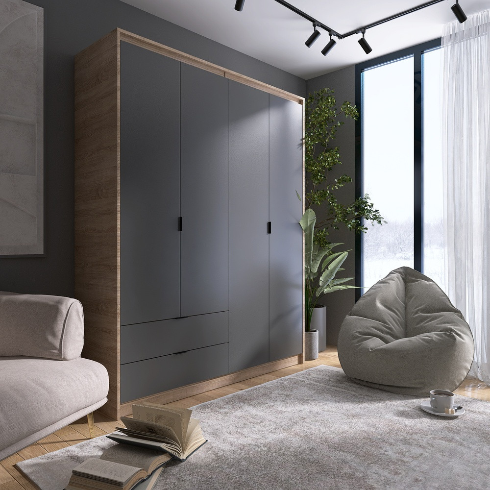 Шкаф распашной для одежды с выдвижными ящиками (полки - штанга) Эверест Сити-1600 160,2х50х204,6 см Дуб сонома/Графит (DTM-071121) Львов - изображение 2