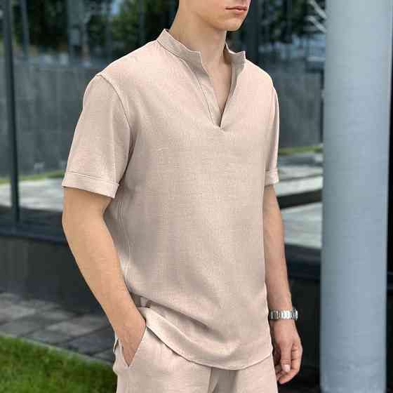 Кремовая льняная рубашка для мужчин с коротким рукавом Pobedov Misto Киев