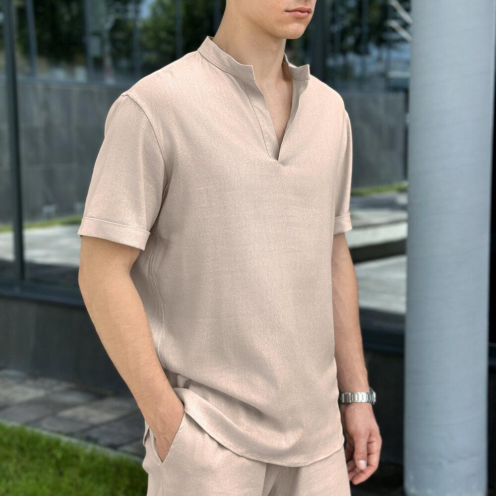 Кремовая льняная рубашка для мужчин с коротким рукавом Pobedov Misto Киев - изображение 6