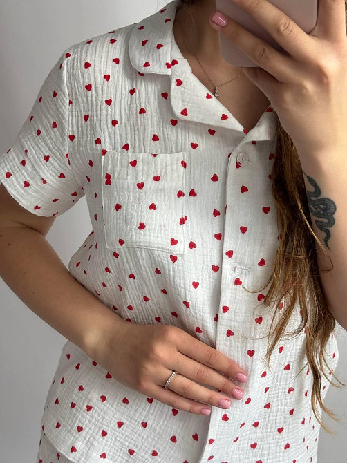 Пижама женская шорты и рубашка муслиновая Белый cердечки XL Харьков - изображение 1