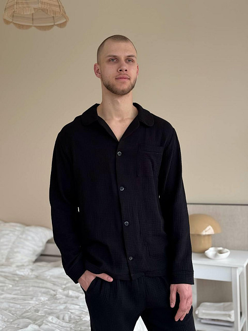 Чоловічий домашній костюм з муслінової тканини на ґудзиках Чорний XL-2XL Харків - фото 1