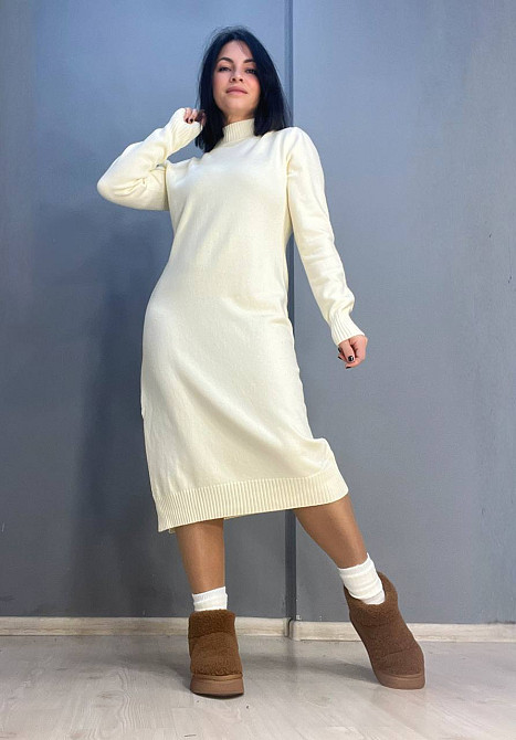Сукня жіноча Accorddream 2858 светр довга оверсайз комір стійка розріз one size, молочний, one size Київ - фото 1