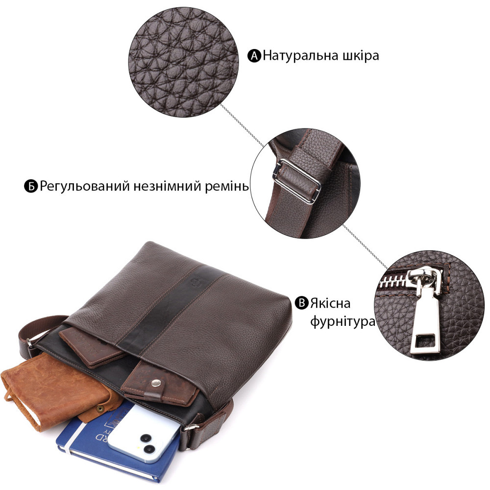 Стильна сумка через плече для чоловіків із натуральної шкіри Коричневий (GRANDE PELLE) Київ - фото 8