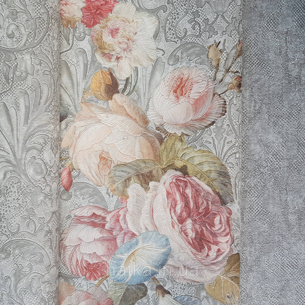 Шпалери метрові вінілові на флізелін Yuanlong Samsara квіти троянди червоні півонії бордові блакитні на сірому Київ - фото 2